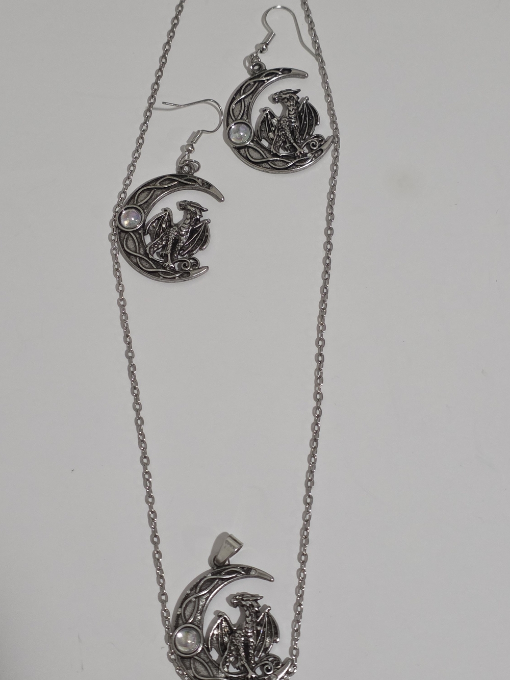 Silver Dragon Moon Necklace and Earring Set - Silver Tone